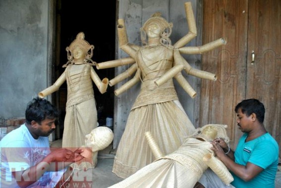 Durga Puja idol crafted from Bamboo : Tireless artisans busy in splendid job
